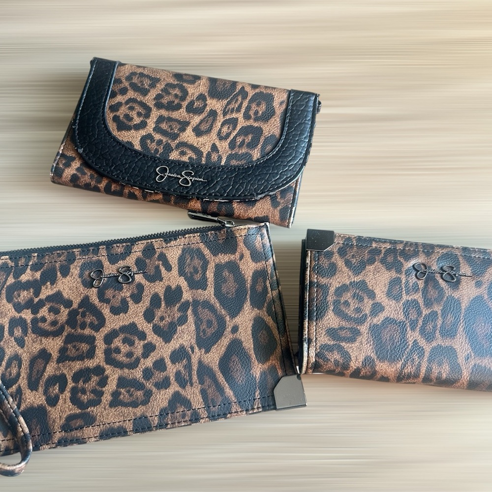 Jessica Simpson Leopard Print Clutch and Wristlet Set